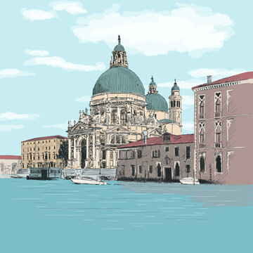 Scenery of the old city of Venice. Ancient buildings, St. Mary's Cathedral and a water channel.