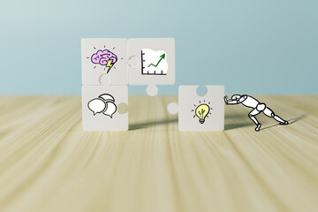 The animated character attaches puzzle with business, brain, light bulb and idea icons. Brain...