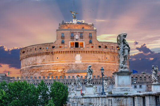 Castel Sant'Angelo and its statues at sunrise, Rome, Italy
