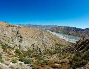 An Aerial UAV Drone Panoramic View of the Whitewater Valley and River in California
