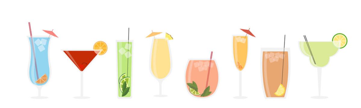 Set of multicolored summer cocktails in cartoon style. Vector illustration of delicious and appetizing cocktails of different species in glasses with a straw.