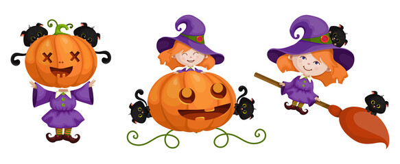 Set of little witches, black kittens, pumpkins for the Halloween holiday. Cartoon vector graphics.