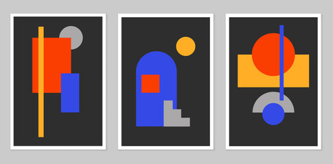 A set of abstract posters depicting simple figures. Modern minimalist background in modern boho style. Mid-century wall decor, vector art print. Composition of simple figures.