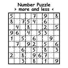 More and less sudoku game for kids and adults vector illustration. Funny number puzzle with math symbols more and less. Black and white sudoku nine by nine printable page vector