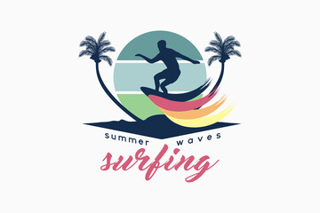 Surf logo, outdoor summer logo with silhouette concept of people surfing combined with nature in pastel colors
