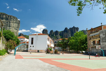 Fototapeta premium sports ground with a mountain view. Greece, meteora. close up