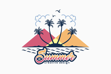 Summer logo with coconut tree silhouette concept in ocean and mountain illustration