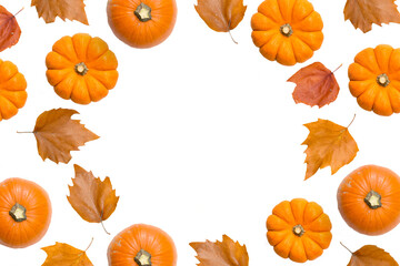 Autumn frame background with pumpkins and leaves