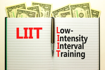 LIIT low-intensity interval training symbol. Concept words LIIT low-intensity interval training on book on a beautiful white background. LIIT low-intensity interval training concept. Copy space.