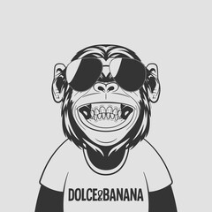 VectorFunny Smiling Black and White Monochrome Fashion Chimpanzee Ape with Sunglasses. Happy Monkey with Glasses for Wall Art, T-shirt Print, Poster. Cartoon Cute Chimp Monkey