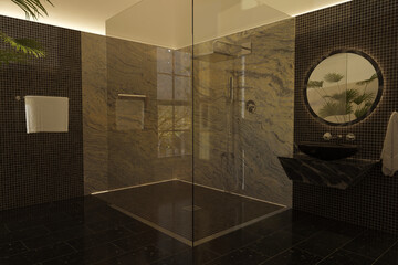 3d rendering of elegant black bathroom with glass wall and curly pattern granite plate - obrazy, fototapety, plakaty