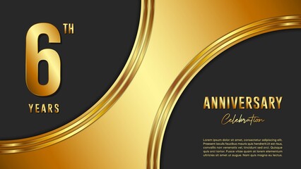 6th anniversary logo with gold color for booklets, leaflets, magazines, brochure posters, banners, web, invitations or greeting cards. Vector illustration. - obrazy, fototapety, plakaty