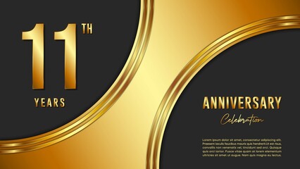 11th anniversary logo with gold color for booklets, leaflets, magazines, brochure posters, banners, web, invitations or greeting cards. Vector illustration. - obrazy, fototapety, plakaty