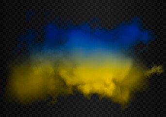 Smoke cloud in the colors of the ukrainian flag. Blue and yellow realistic gradient colorful fog isolated on dark semi transparent background. Conceptual good quality vector illustration