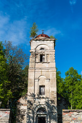 Fototapeta na wymiar Ruins of Saliena lutheran church, Latvia. A tree grows on the roof of the tower.