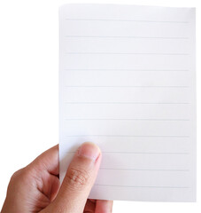 Hand holding blank white note paper isolated