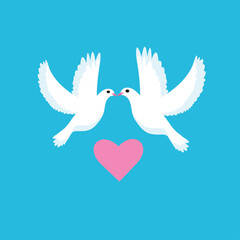 white doves kissing on a blue background and a pink heart