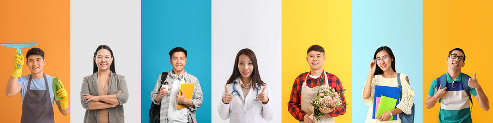 Set of young Asian people on color background with space for text