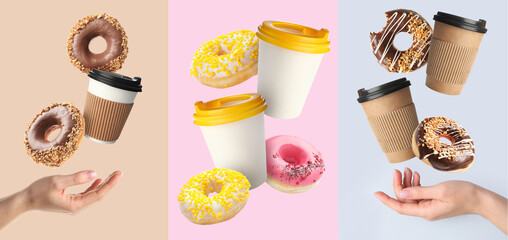 Collage of female hands with flying cups of coffee and doughnuts