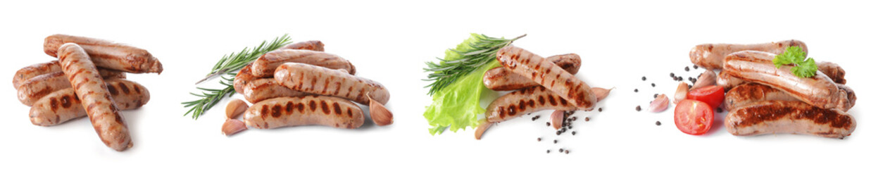 Set of delicious grilled sausages on white background