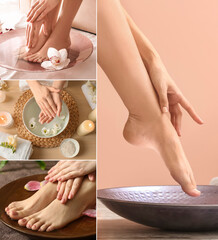 Collage with young women undergoing spa pedicure and manicure treatment in beauty salon - obrazy, fototapety, plakaty