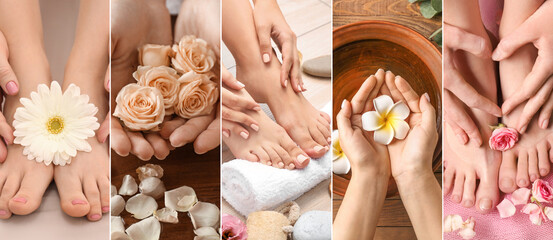Collage with young women undergoing spa pedicure and manicure treatment in beauty salon, closeup