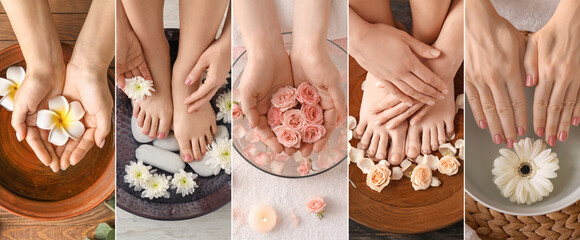 Collage with young women undergoing spa pedicure and manicure treatment in beauty salon, top view