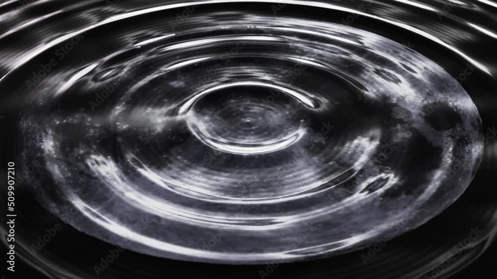 Poster realistic looping 3d animation of the circles on a water surface with full moon reflections rendered