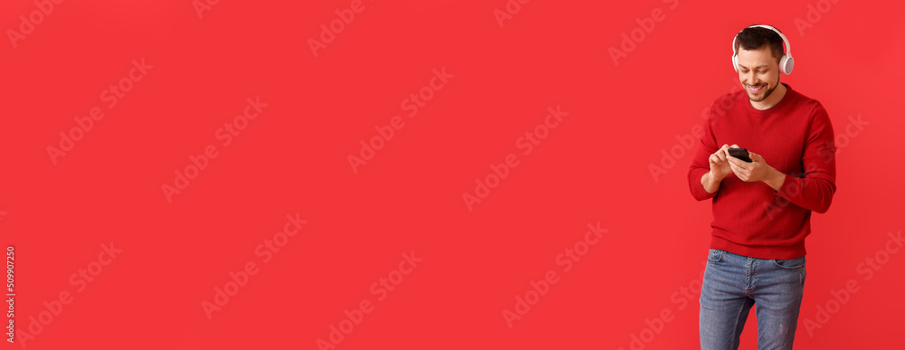 Poster man with phone listening to music on red background with space for text