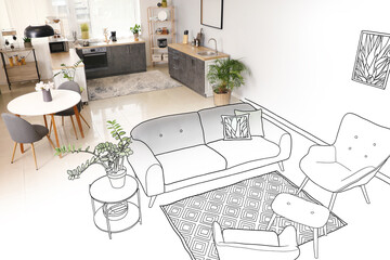 New interior of stylish studio apartment with comfortable furniture