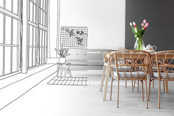 New interior of stylish studio apartment with dining table