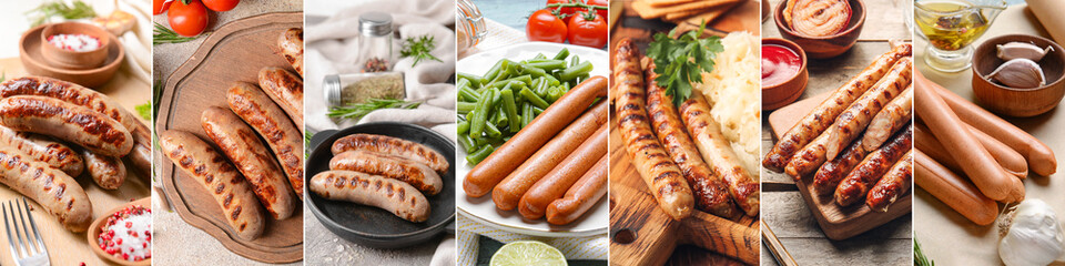 Set of tasty cooked sausages on table