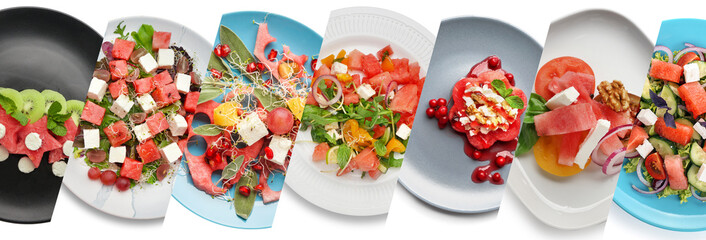 Collage with different delicious watermelon salads on white background, top view