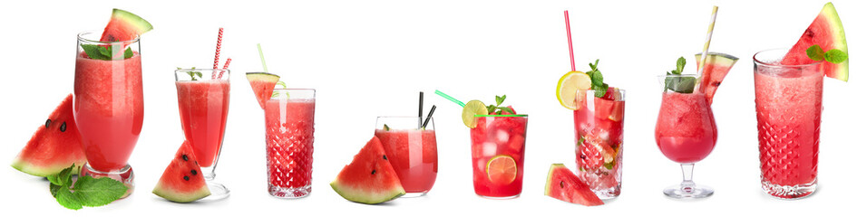 Glasses of fresh watermelon juice isolated on white