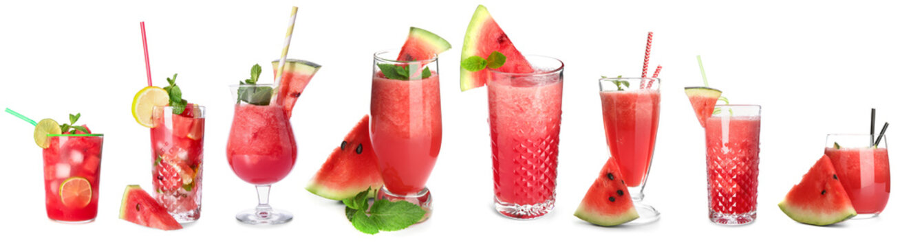 Many glasses of fresh watermelon juice isolated on white