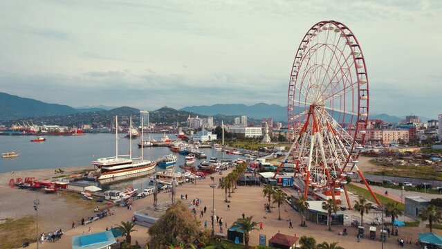 drone shot of Batumi sea port and Ferris wheel, West Georgia, Caucasus. High quality photo