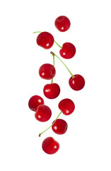 Falling cherry isolated on a white background. Flying red ripe berries. Cherries flying down.