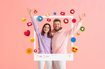 Happy young bloggers on pink background