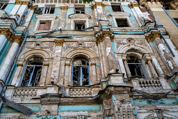 Destroyed building in historical downtown as a consequences of Russian airstrikes on the city of...