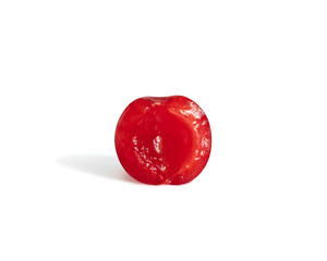 Half of a cherry isolated on a white background closeup.