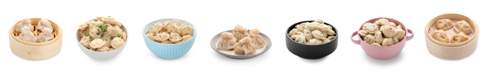 Set of boiled traditional dumplings on white background