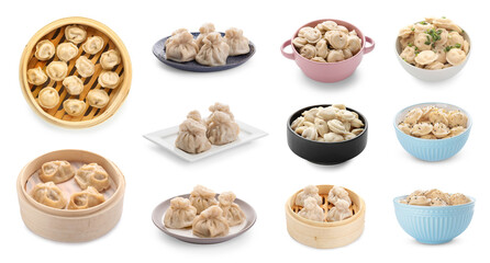 Set of boiled traditional dumplings on white background