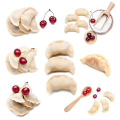 Set of traditional dumplings with cherries on white background