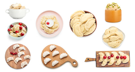Set of different traditional dumplings on white background