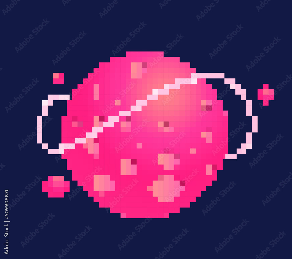 Poster pixel planet concept. stickers for social networks in retro style. graphic element for developing ga