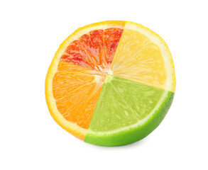 Collage of different juicy citrus fruits on white background