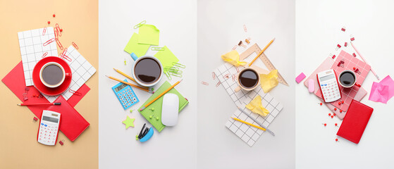 Cups of coffee and stationery on color background, top view
