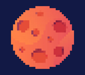 Pixel planet concept. Sticker for social media in retro style. Satellite, mars and orange planet. Exploration of space, galaxies and universe. Astronomy and astrology. Cartoon flat vector illustration