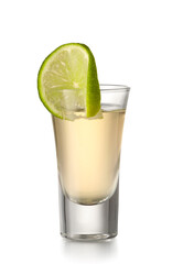 Shot of tasty mexican tequila with lime on white background