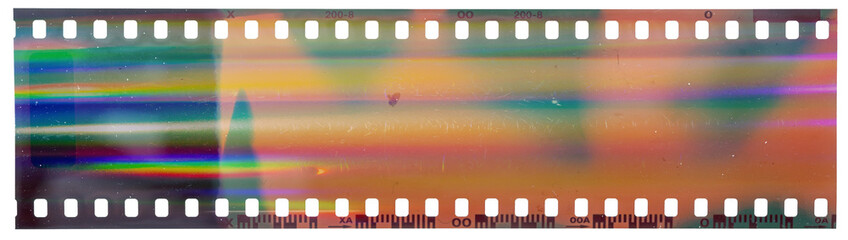 start of 35mm negative filmstrip with cool scanning light interferences - obrazy, fototapety, plakaty